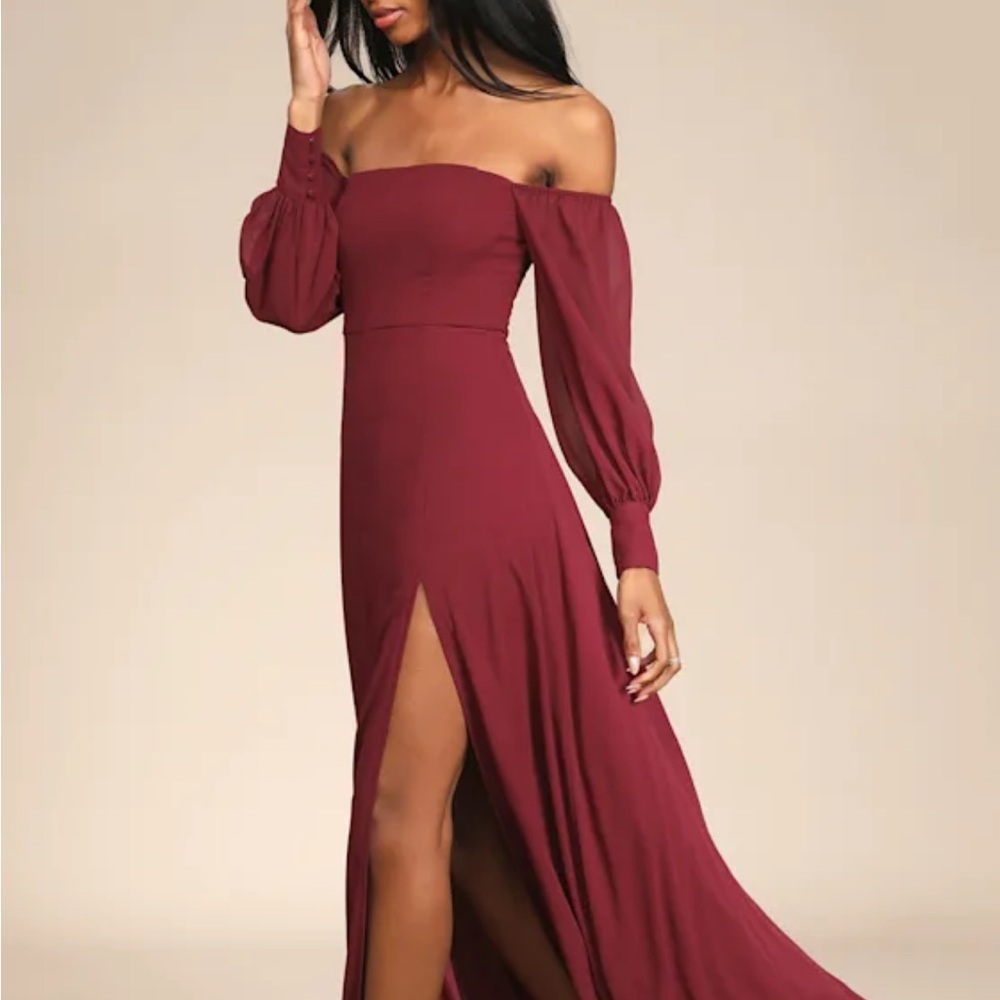 Lulu's Burgundy Off-Shoulder Long Sleeve Dress (Feel The Romance)